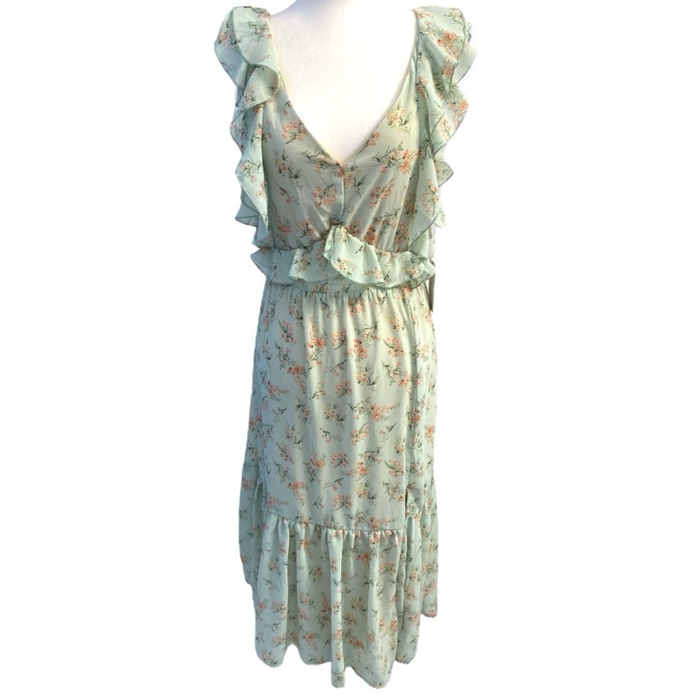 Dex NWT Ruffle Floral Midi Dress Tie Back Green Pink Size S Flowy - Picture 7 of 15